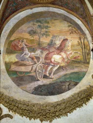 Scene showing that those born under the sign of Scorpio in conjunction with the constellation of the Centaur will be adept at horse-driving, symbolised by a chariot driver, from the Camera dei Venti